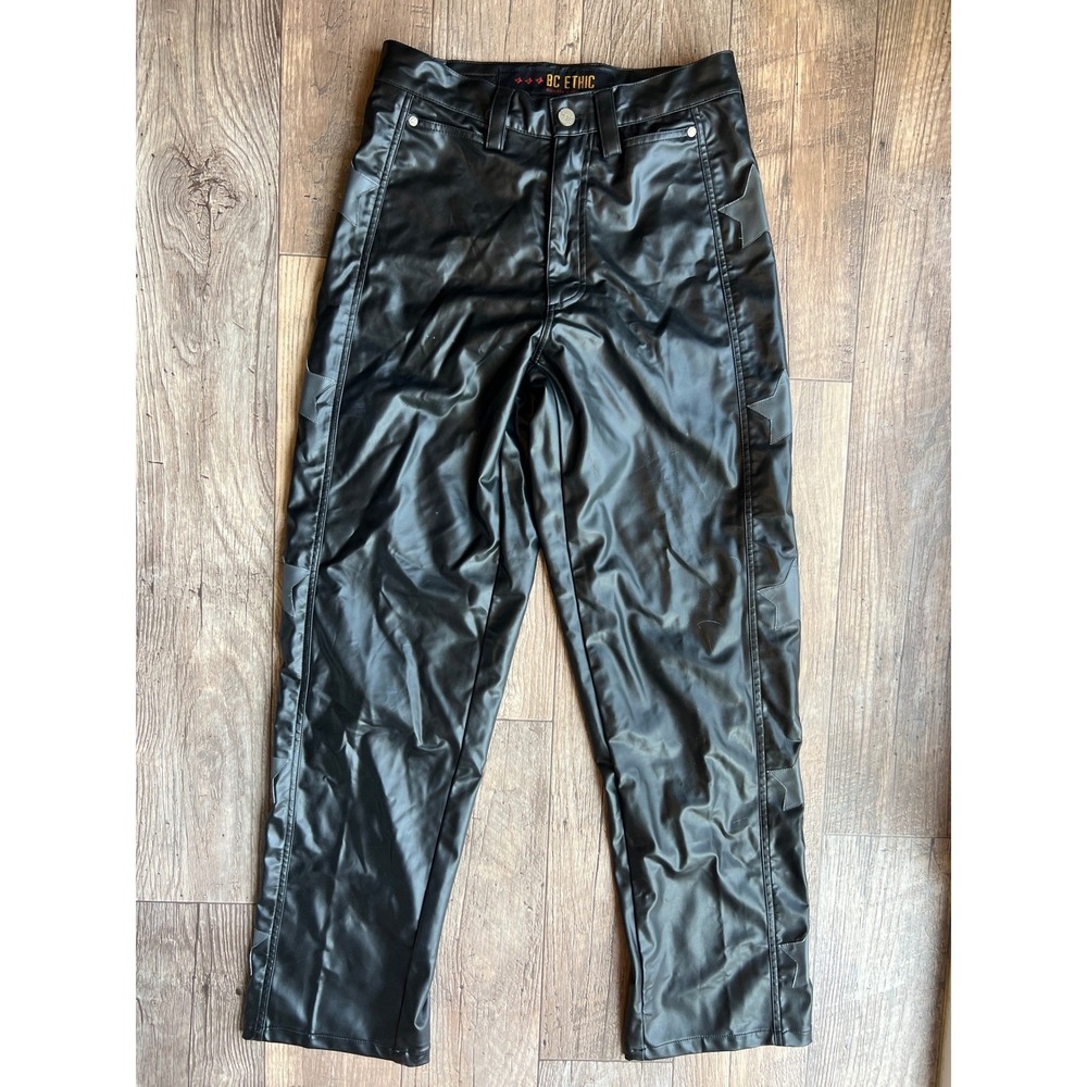 BC Ethic Black Faux Leather Pants Star Print Smooth Custom Fit Size 30